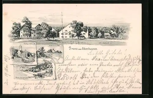 Künstler-AK Ebenhausen, Ortsansicht mit Gasthof