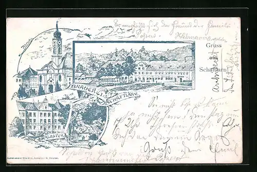 Lithographie Schäftlarn, Ortsansicht mit Kirche und Brauerei
