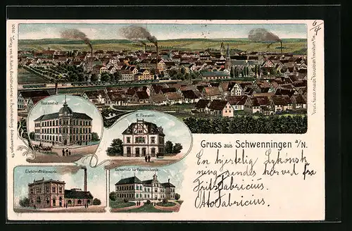 Lithographie Schwenningen a. N., Totalansicht mit Realanstalt und Postamt