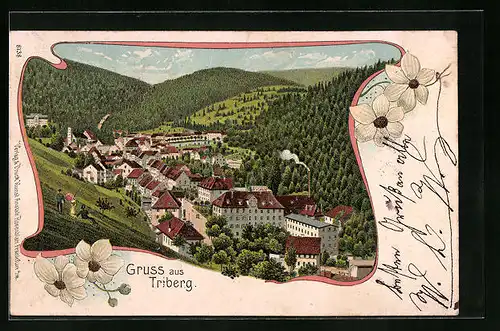 Lithographie Triberg, Ortsansicht mit Blumendekor