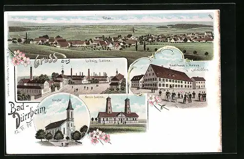 Lithographie Bad-Dürrheim, Totalansicht mit Kirche und Gasthaus z. Kreuz
