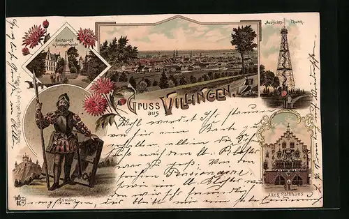 Lithographie Villingen, Totalansicht mit Altem Rathaus