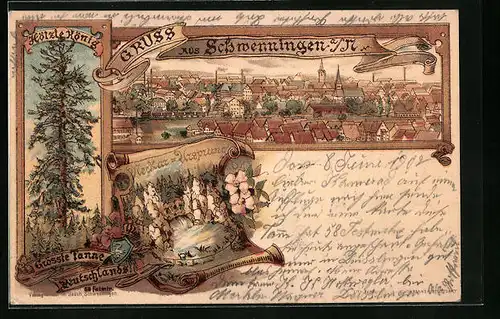 Lithographie Schwenningen a. N., Totalansicht mit Neckar-Ursprung