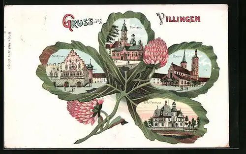 Passepartout-Lithographie Villingen, Ortsansicht mit Münster und Rathaus