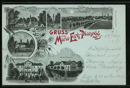 Mondschein-Lithographie Maria-Eich / Planegg, Ortsansicht mit Gasthof Bavaria