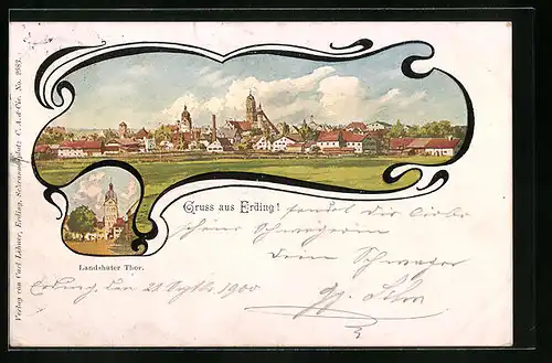 Künstler-AK Erding, Ortsansicht mit Landshuter Thor