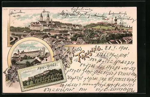 Lithographie Freising, Totalansicht mit Weihenstephan