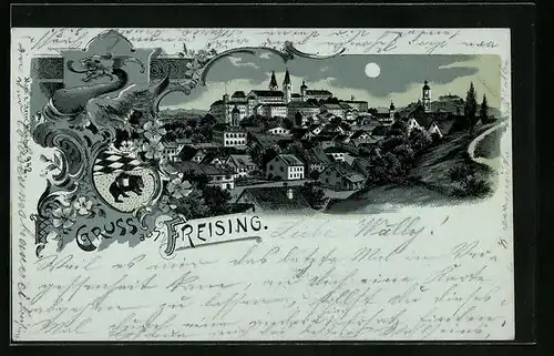 Mondschein-Lithographie Freising, Ortsansicht mit Wappen
