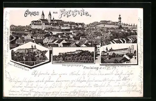 Lithographie Freising, Totalansicht mit Weihenstephan und Schullehrerseminar