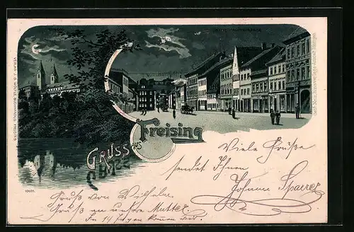 Mondschein-Lithographie Freising, Totalansicht mit Oberer Hauptstrasse