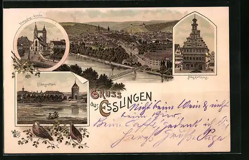 Lithographie Esslingen, Ortsansicht mit Rathaus und Dionysius-Kirche