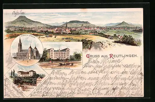 Lithographie Reutlingen, Ortsansicht mit Marien-Kirche und Frauenarbeitsschule