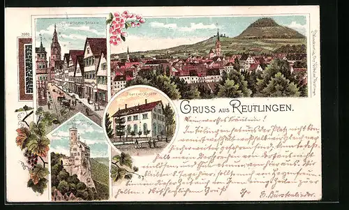 Lithographie Reutlingen, Ortsansicht mit Oberer Wilhelm-Strasse