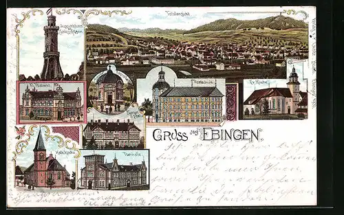 Lithographie Ebingen, Totalansicht mit Aussichtsturm und Realschule