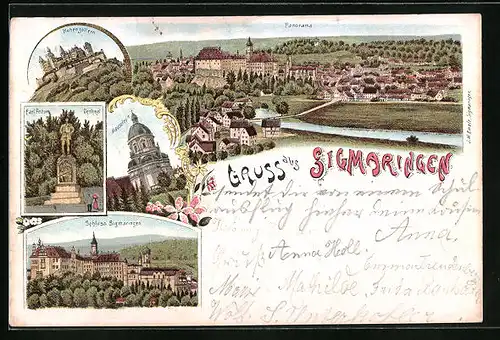 Lithographie Sigmaringen, Panorama mit Mausoleum und Schloss