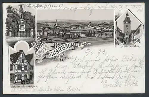Lithographie Marbach, Totalansicht mit Schiller-Denkmal und Schiller`s Geburtshaus