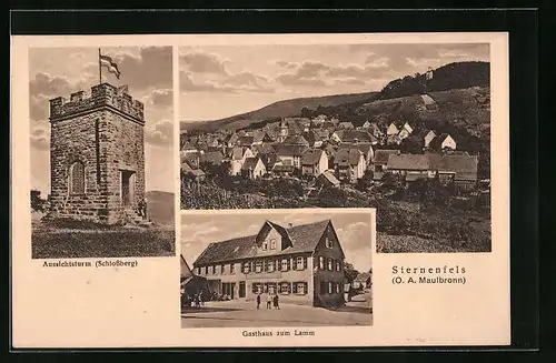 AK Sternenfels, Ortsansicht mit Gasthaus zum Lamm und Aussichtsturm
