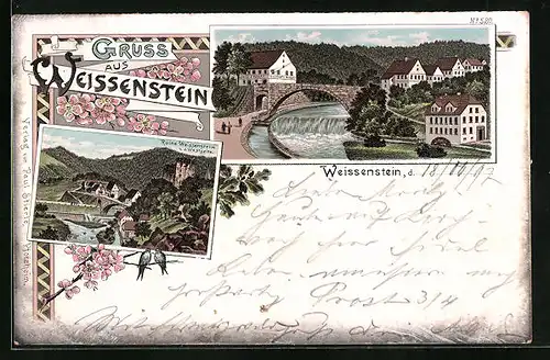Lithographie Weissenstein, Ortsansicht mit Ruine