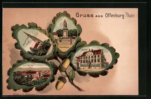 Passepartout-Lithographie Offenburg i. Baden, Ortsansicht mit Drakedenkmal und Rathaus