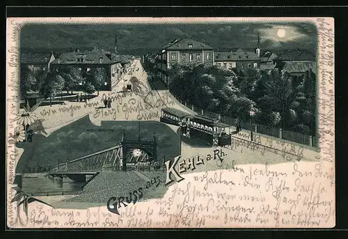 Mondschein-Lithographie Kehl a. Rh., Ortsansicht mit Strassenbahn