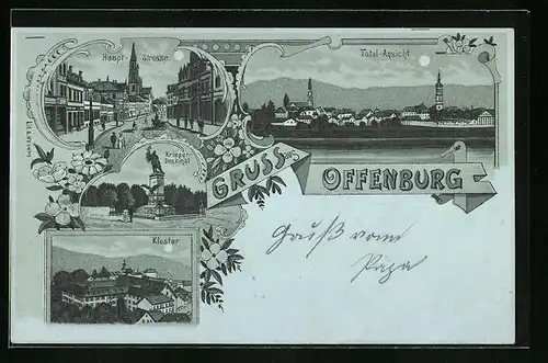 Mondschein-Lithographie Offenburg, Totalansicht mit Hauptstrasse und Kloster