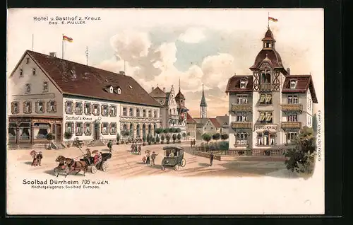 Lithographie Dürrheim, Ortsansicht mit Hotel und Gasthof z. Kreuz