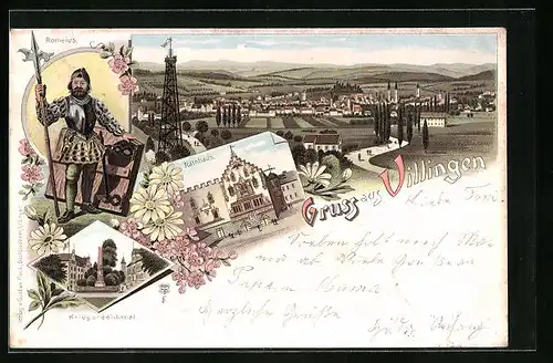 Lithographie Villingen, Ortsansicht mit Rathaus und Kriegerdenkmal