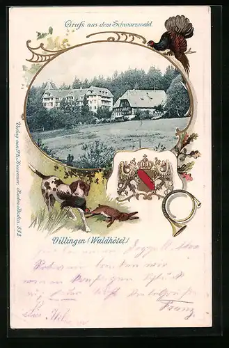 Passepartout-Lithographie Villingen /Schwarzwald, Blick zum Waldhotel, Wappen und Jagdhund