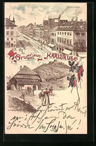 Lithographie Karlsruhe, Lauterberg und Gasthof Schwarzwaldhaus, Kaiserstrasse