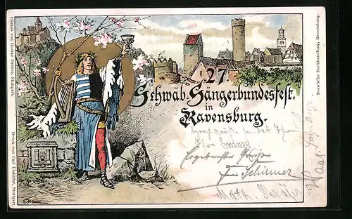 Lithographie Ganzsache PP27C52 /02: Ravensburg, 27. Schwäbisches Sängerbundesfest 1904, Sänger mit Siegerpokal