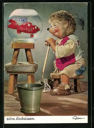 AK Mecki und Fisch im Kugelglas