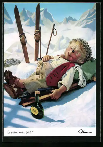 AK Mecki ruht selig in Winterlandschaft