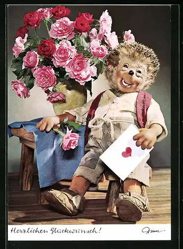 AK Mecki mit Geburtstags-Blumenstrauss