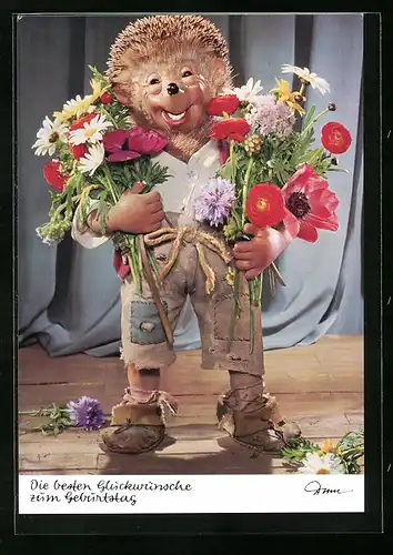 AK Mecki mit zwei Blumensträussen