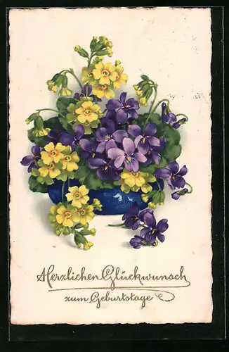 Künstler-AK Topf mit gelben und blauen Blumen