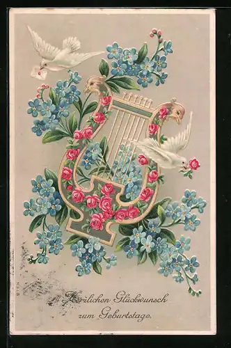 Präge-AK Vergissmeinnicht und Rosen verzieren eine Harfe, Brieftaube