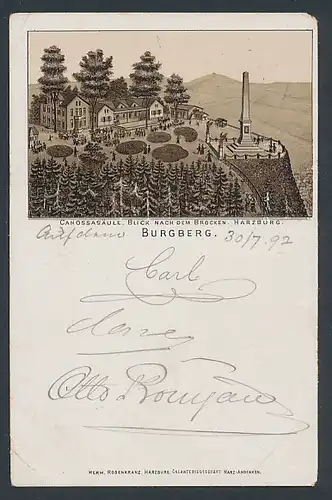 Vorläufer-Lithographie Harzburg, 1892, Burgberg mit Canossasäule und Blick zum Brocken