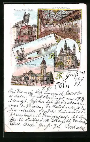Lithographie Cöln, Saal im Gürzenich, Eisenbahnbrücke, Hauptbahnhof