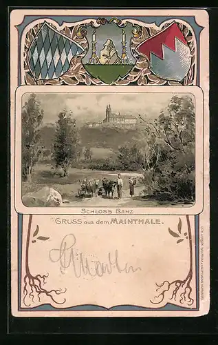 Passepartout-Lithographie Banz, Blick zum Schloss, Wappen