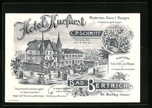 Lithographie Bad Bertrich, Hotel Kurfürst, Käsegrotte
