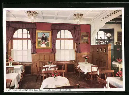 AK München, Cafe Princess, Ecke Sonnenstrasse und Landwehrstrasse, Gemälde von 