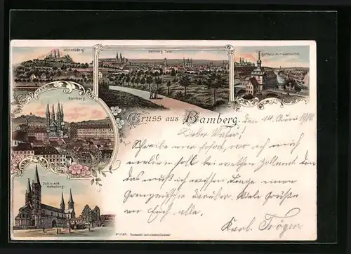 Lithographie Bamberg, Dom und alte Hofhaltung, Michaelsberg