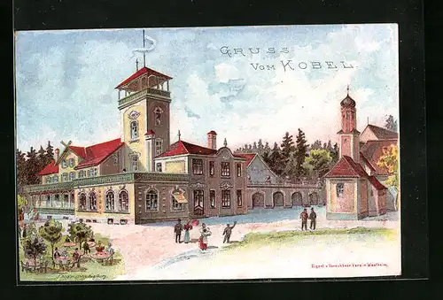 Lithographie Kobel, Gasthaus und Kirche