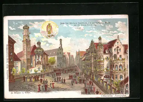 Lithographie Augsburg, Kloster Heilig Kreuz, 700 jähriges Jubiläum des wunderbaren Gutes