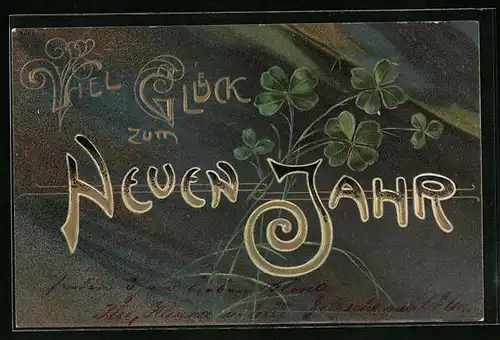 Präge-AK Neujahrsgrüsse mit Kleeblättern