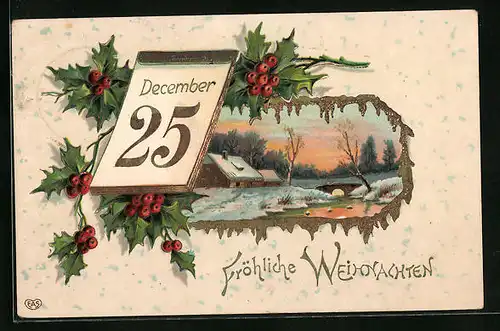 Künstler-AK Frohe Weihnachten mit Winterlandschaft und Stechpalmen