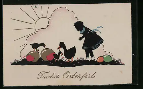 Künstler-AK Frohes Osterfest, Mädchen mit Küken und Ostereiern