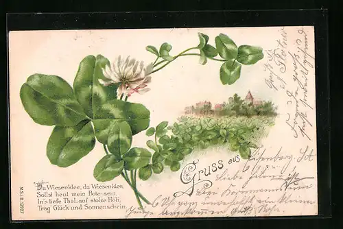 Lithographie Glückwünsche mit Kleeblättern