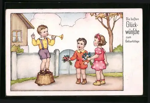 Künstler-AK Kinder beim Singen zum Geburtstag