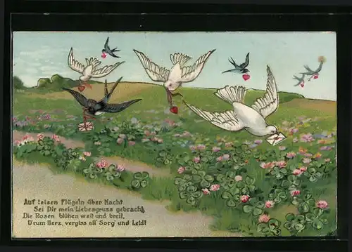 Künstler-AK Tauben mit Liebesbriefen über Kleeblattfeld
